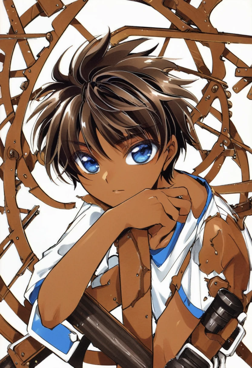 cute -yeld fre kid boy, w black hair, light blue overalls, CLAMP art style