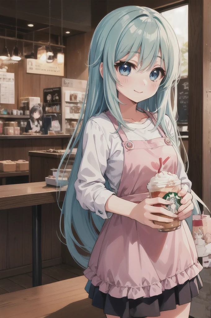 アニメのちびキャラ drinking starbucks coffee with a straw in her hand, A lively Starbucks interior、Light blue long hair、Twin-tailed anime chibi character、A cute anime chibi character with a bright smile, (Anime Girls), Cute girl anime visuals, Mysterious Coffee Shop Girl, young Anime Girls, Beautiful anime art style, Anime illustration, beautiful Anime Girls, Drink strawberry iced latte