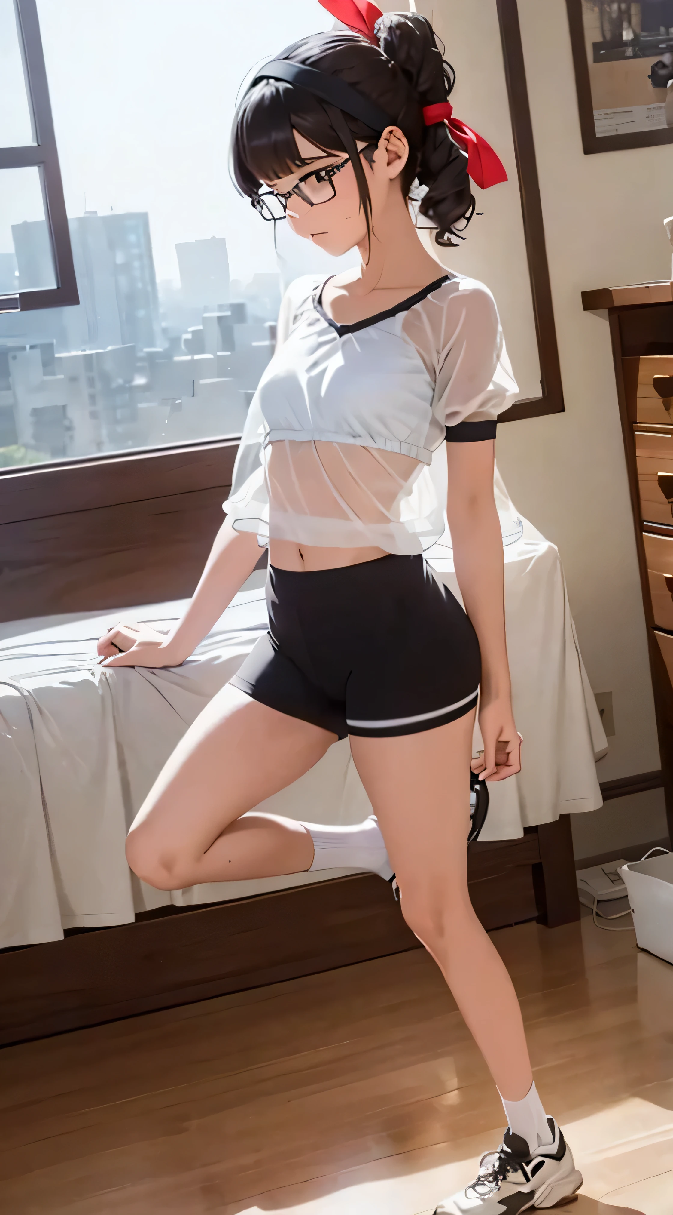 (Tabletop, Highest quality, Capture the cutest moment, Depth of written boundary, Ultra-detailed, Ultra-high resolution, C4D, Octadale, 3D Modeling, 8K, 16K, One Girl,, small ,Black-haired,short hair,Straight Hair,Light brown eyes,White headband,Wearing black glasses,Cute face), See-through gym clothes、bloomers、Shabby room,knight,Moonlight, Recall,