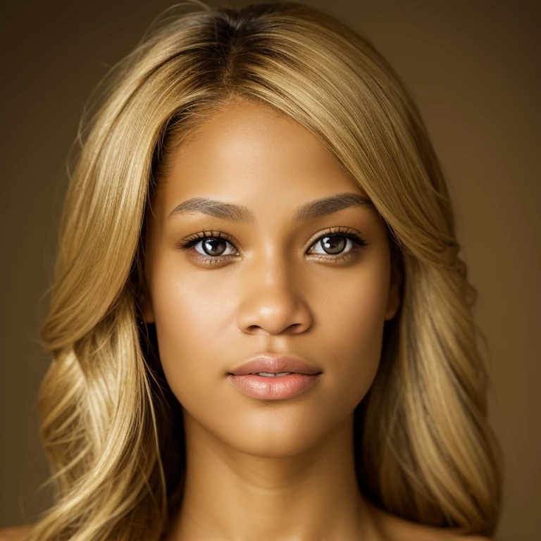 Light skin biracial woman with golden blond hair and light brown eyes