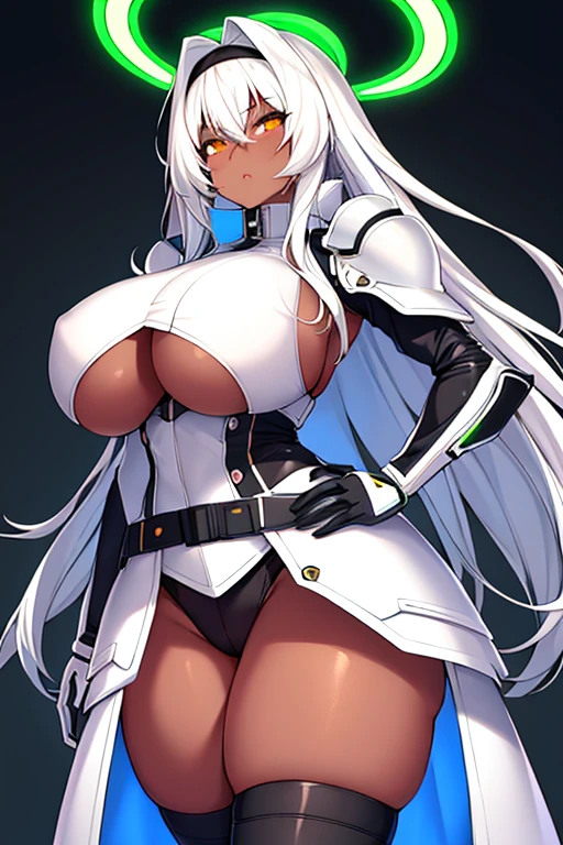 1girl, dark-skin, dark-skinned female, white hair, long hair, black leotard, white trim, large breasts, thick thighs, belt, thighhighs, pantyhose, knife, mature female, milf, toned, tall, shoulder armor, sleeves, long sleeves, gloves, elbow gloves, neon, neon trim, neon lights, futuristic, science-fiction, tech, machinery