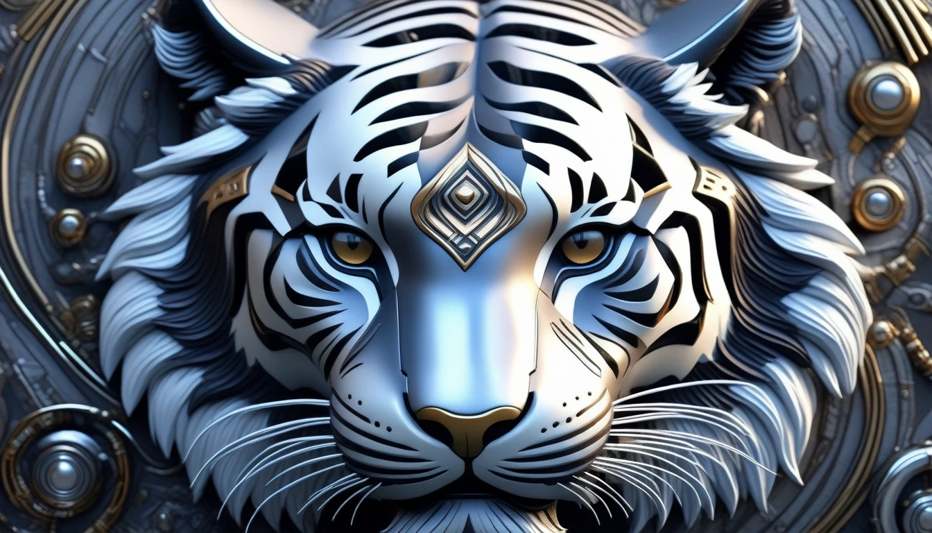 Ultra-realism, ((Masterpiece)), ((Best Quality)), (Very Detailed), ((Very Detailed)), 4K, (8K), very aesthetic, absurdres highres, Create highly textured mechanical tiger artwork. This tiger has a metallic sheen and realistic texture and is constructed with detailed mechanical elements. The colors are metallic gray and silver, with hints of rust, giving it an aged but advanced technological look. The background is simple and focuses on the intricacy and craftsmanship of the tiger design.