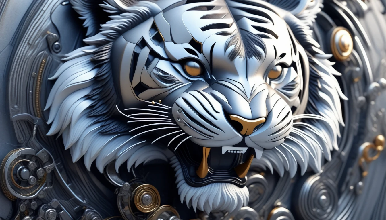 Ultra-realism, ((Masterpiece)), ((Best Quality)), (Very Detailed), ((Very Detailed)), 4K, (8K), very aesthetic, absurdres highres, Create highly textured mechanical tiger artwork. This tiger has a metallic sheen and realistic texture and is constructed with detailed mechanical elements. The colors are metallic gray and silver, with hints of rust, giving it an aged but advanced technological look. The background is simple and focuses on the intricacy and craftsmanship of the tiger design.
