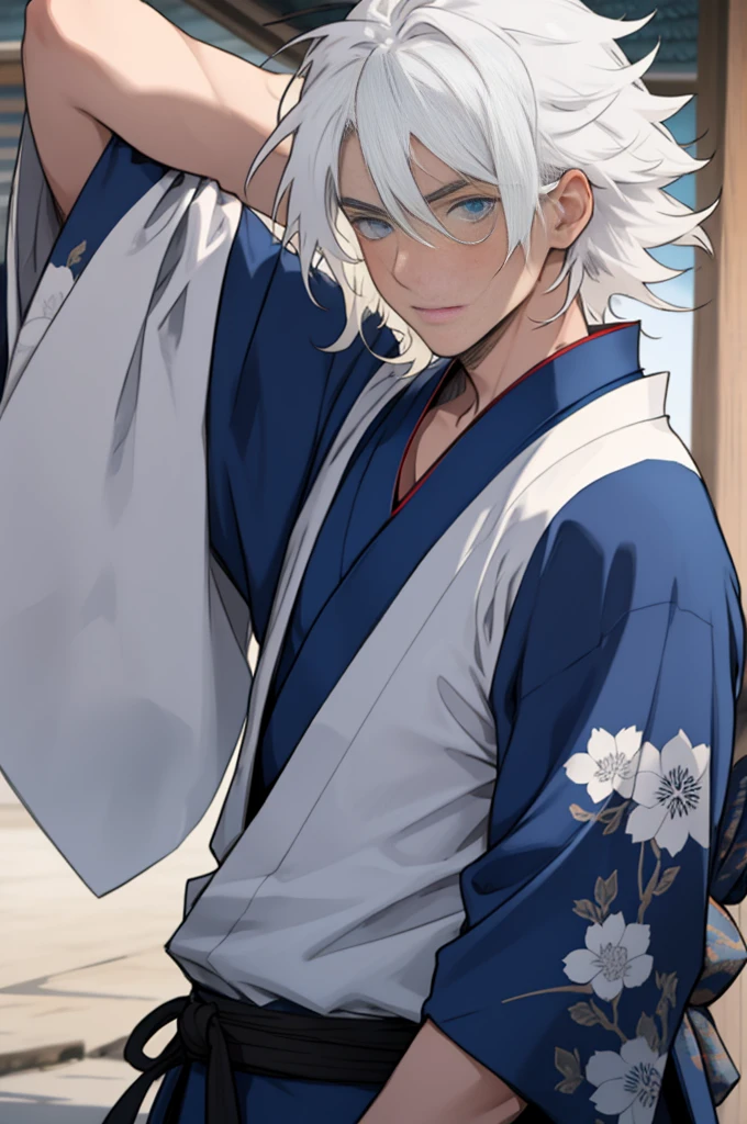 A boy, naughty man, adolescent, white hair, blue colored eyes , posing, with a samurai kimono, with messy hair