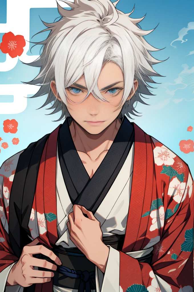 A boy, naughty man, adolescent, white hair, blue colored eyes , posing, with a samurai kimono, with messy hair