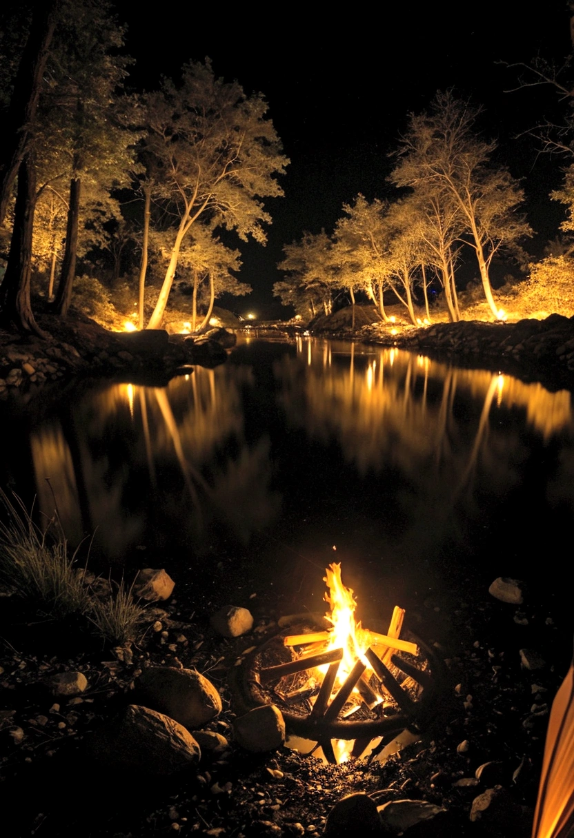 Starry Sky,milky way,星がwater面を照らしている,No people,bonfireは一か所だけ,, bonfire,Smoke from the fire, water, The river flows slowly, Documentary filming, ((big)) Sharp focus,Person deleted,bonfireは一か所
