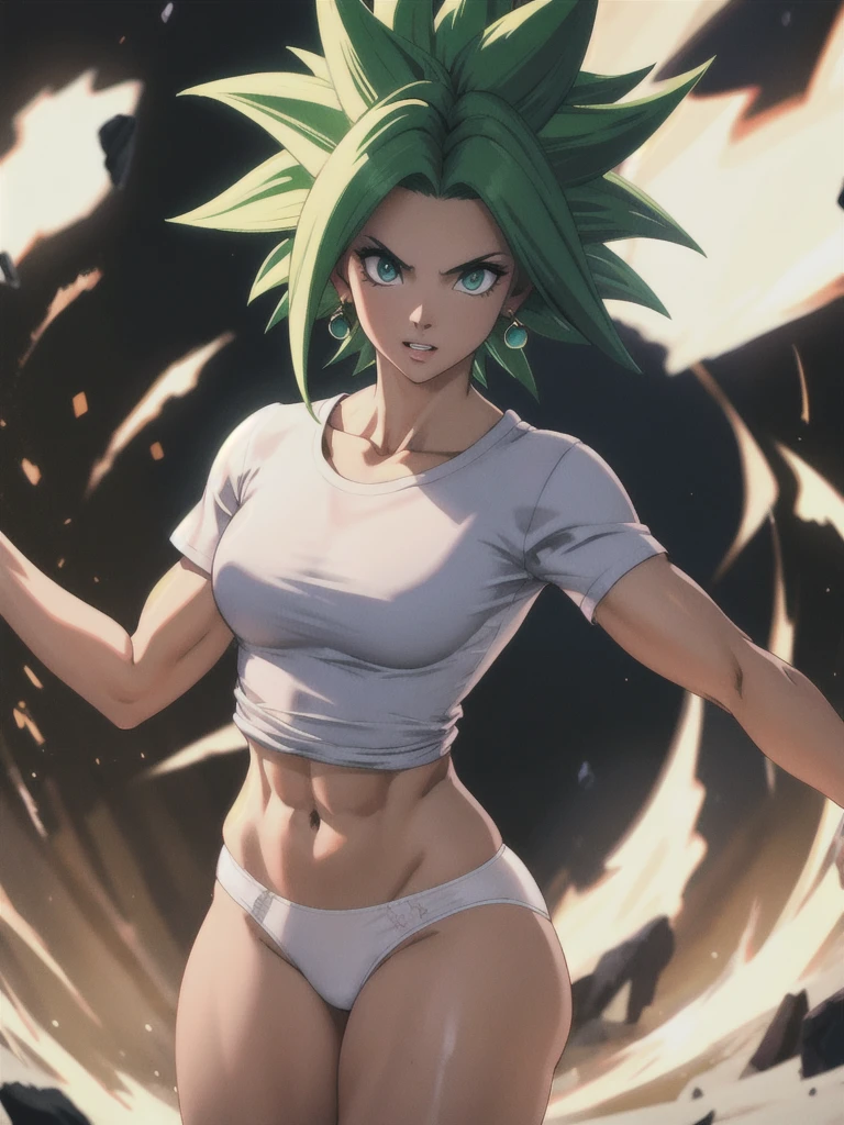 (masterpiece, best quality, ultra-detailed, highres, best illustration), 1girl,cowboy shot of beautiful xyzkefla  super saiyan, green hair, green eyes, spiked hair, energy, ((wearing a white tshirt)), (black panties), (wearing a black thong), underwear, solo, panties,, jewelry, aura,, detailed, sharp focus, dramatic, cinematic lighting, bodybuilder 