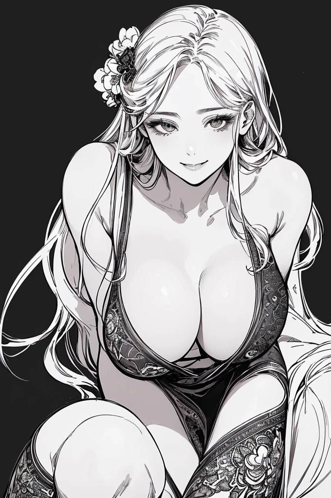 Highest quality, (Background details), High Contrast, Very beautiful woman, Detailed original illustrations、smile、functional、Delicate face、charm、sexy、Real breasts、 Head close-up, Black background, (Black background: 1.5), Beautiful line art、Monochrome