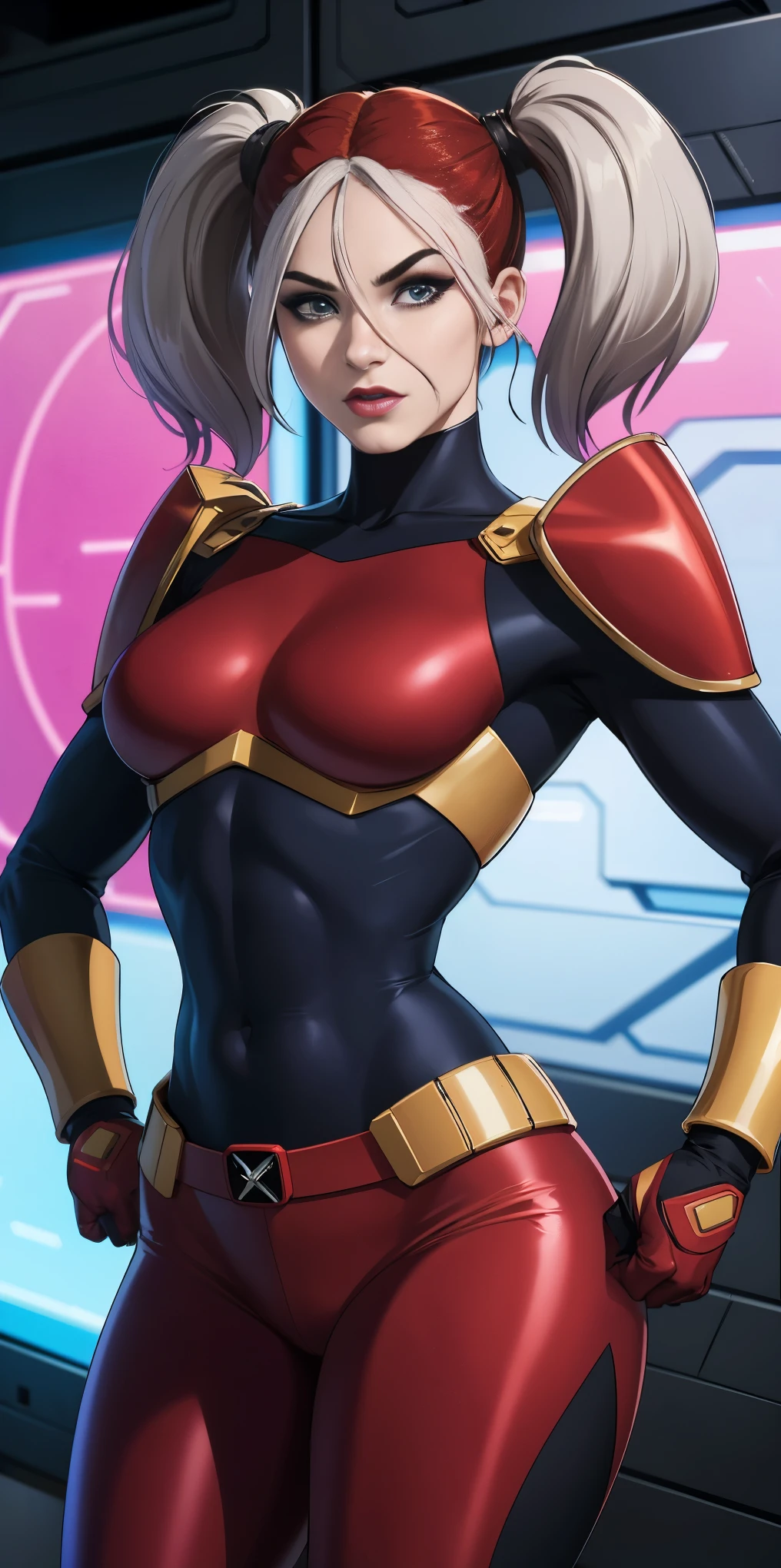 highly detailed, best quality, photography, Rogue from X-men, absurdness, beautiful face (detailed eyes, deep eyes) 1woman, brown and white hair, twin tails, magenta eyes, short, wide hips, curvy, toned muscles (n7armor) inside a spaceship