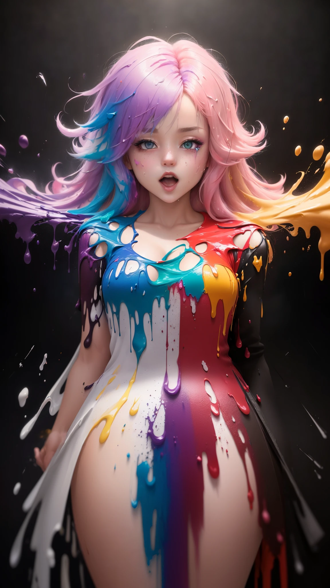 (level difference:1.8),(Paint colliding and splashing on the canvas),(depth of field),1girl's side face blends into it,(side face),open mouth,(liquid paint rainbow hair:1.1) made of paint and defies gravity,thick flowing,(paint splatter:1.3),Liquid state,stunningly beautiful, masterpiece, detailed background,ultra high quality model, ethereal background,abstract beauty, explosive volumetric, oil painting,heavy strokes,Romantic lighting,Sub-Surface Scatterring,lens 135mm,f1.8,glow,8k,high resolution, dreamy,ray tracing,hdr,god rays,