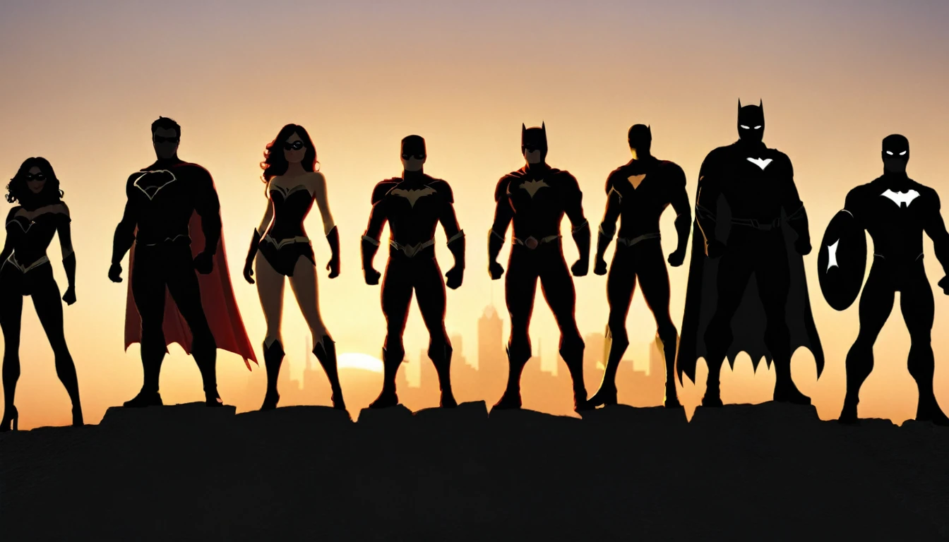 super heroes in silhouette posing for a picture, best quality, realistic