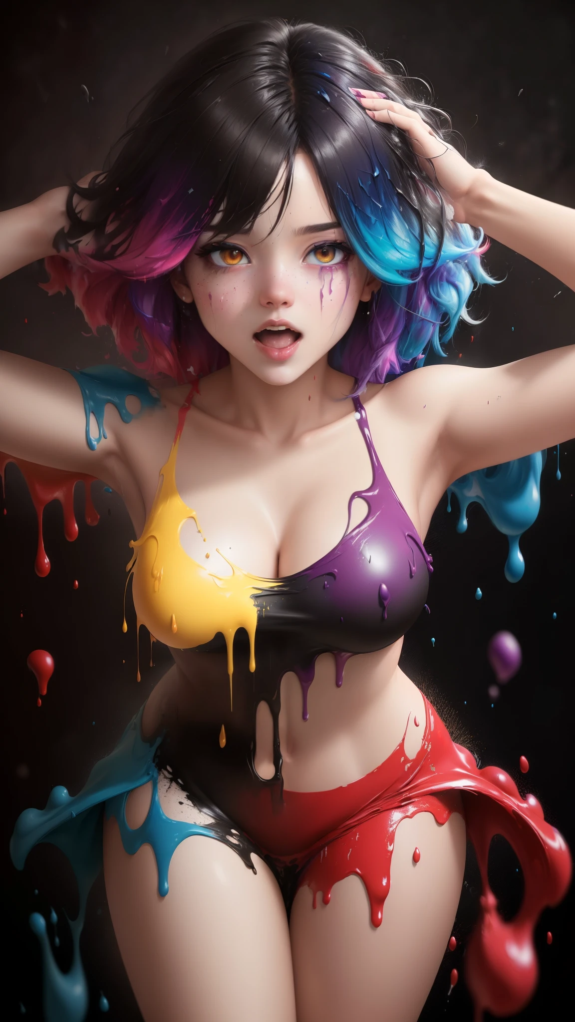 (level difference:1.8),(Paint colliding and splashing on the canvas),(depth of field),1girl's side face blends into it,(side face),open mouth,(liquid paint rainbow hair:1.1) e of paint and defies gravity,thick flowing,(paint splatter:1.3),Liquid state,stunningly beautiful, masterpiece, detailed background,ultra high quality model, ethereal background,abstract beauty, explosive volumetric, oil painting,heavy strokes,Romantic lighting,Sub-Surface Scatterring,lens 135mm,f1.8,glow,8k,high resolution, dreamy,ray tracing,hdr,god rays,