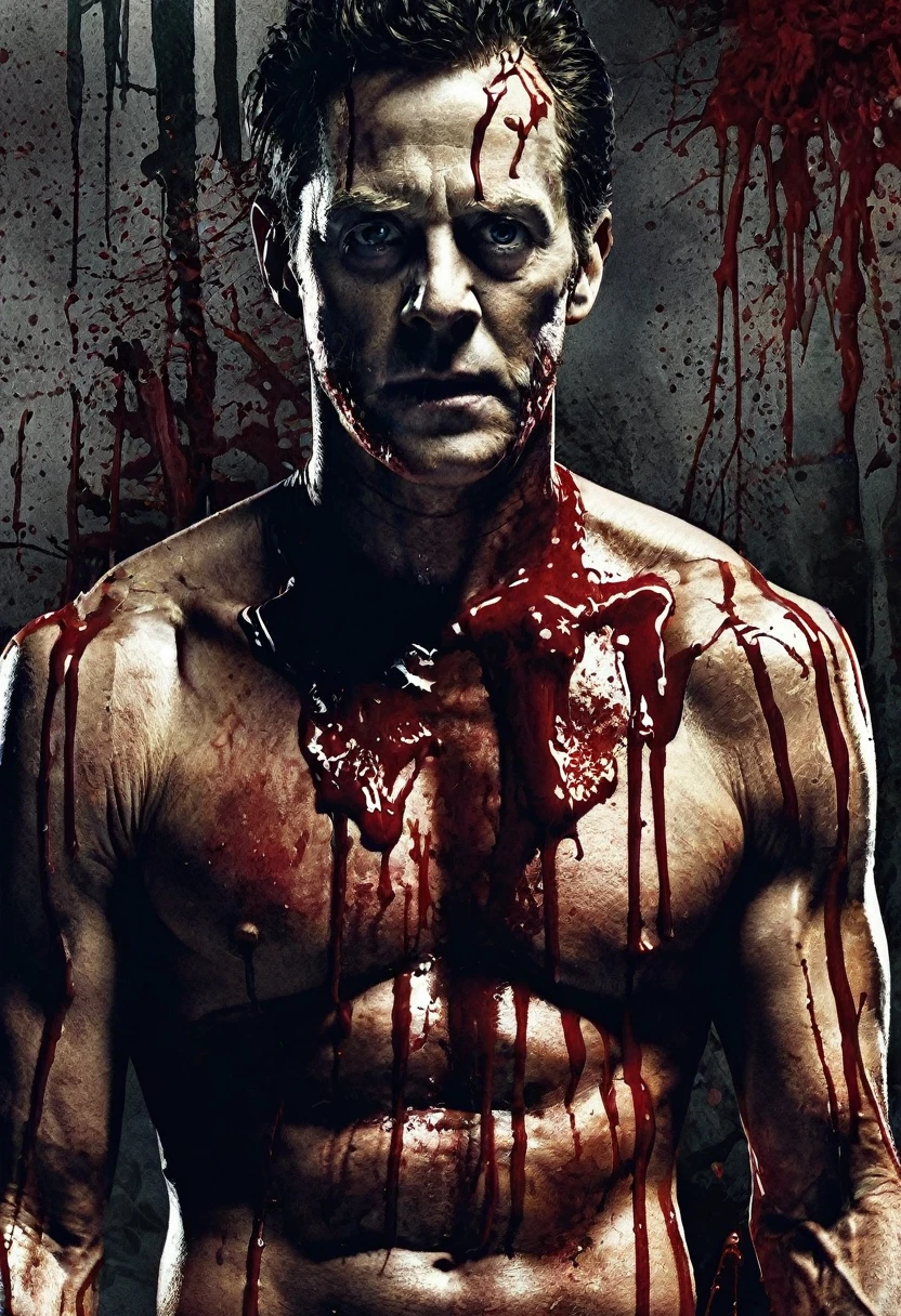 Create a poster for a horror film with the killer on the cover the killer has an athletic body and his hands are full of blood we can't see his eyes because there is a shadow but he looks mysterious and cruel the poster is in the style of horror films from the 1990s 80 in the footprint of the Texas Chainsaw Massacre