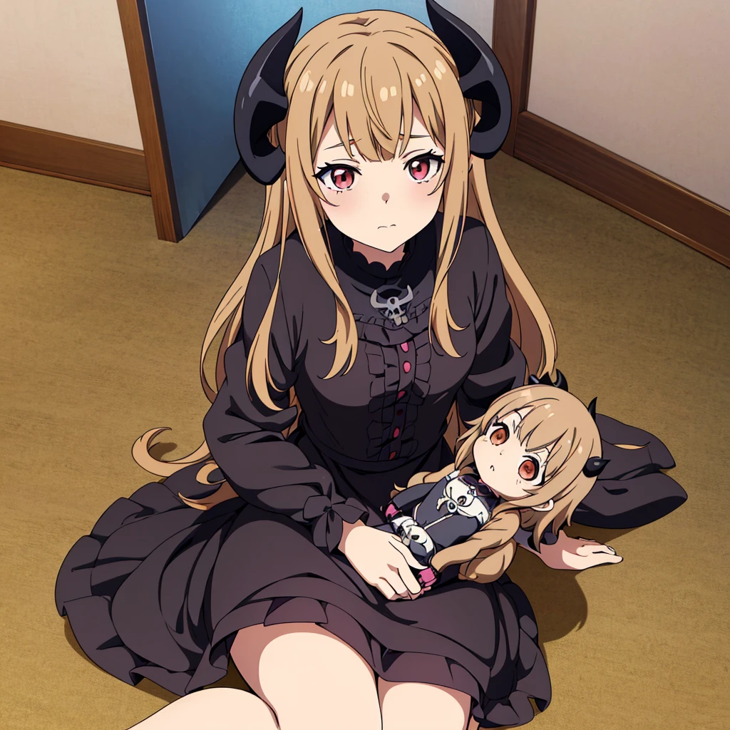 +Masterpiece, best quality, super detailed, Anime girl with horns and a dress with a skull on it, ((light brown hair))( in dress, gothic maiden anime girl, cute anime waifu in a nice dress, anime moe artstyle, anime girl wearing a black dress, nightcore, (anime girl), anime style 4 k, little curvy loligh quality anime art style, anime girls, demon anime girls, holding creepy doll, sitting on the floor