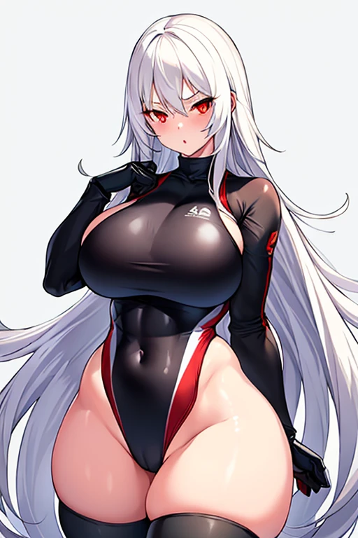 1girl, white hair, long hair, red eyes, serious, glowing eyes, large breasts, thick thighs, mature female, athletic female, toned, one-piece swimsuit, competition swimsuit, long sleeves, sleeves, gloves, black one-piece swimsuit, thighhighs, wet