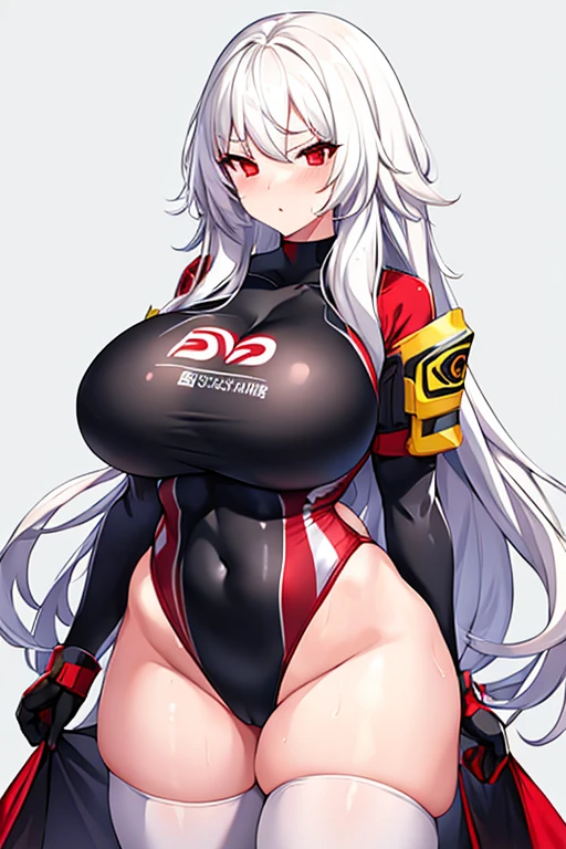 1girl, white hair, long hair, red eyes, serious, glowing eyes, large breasts, thick thighs, mature female, athletic female, toned, one-piece swimsuit, competition swimsuit, long sleeves, sleeves, gloves, black one-piece swimsuit, thighhighs, wet