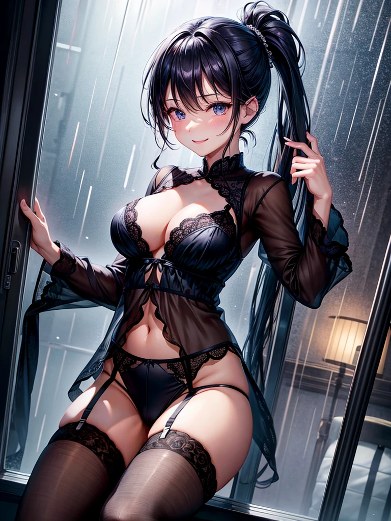 Highest quality,Highest Resolution,4K quality,寝室で大きな窓の外の都市の豪rainの夜景を眺める下着姿のsmileの女性の横顔,Jet black ponytail,Dark room,Sexy Lingerie,Many water drops on the window,garter belt,High leg,Purple underwear,Knee-high stockings,rain,豪rain,雷rain,smile,