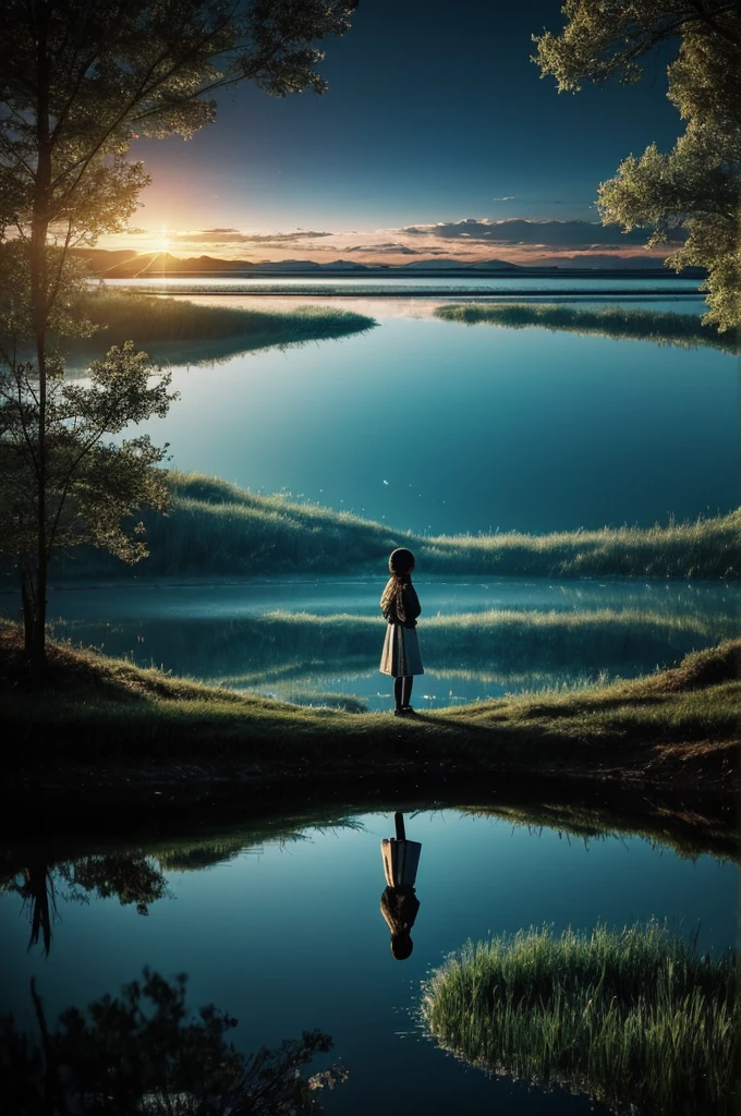 Journey of agers 。brighter future and dark future landscape with a mirror filled with water that is reflecting the bad side of a person(keep it in left right)