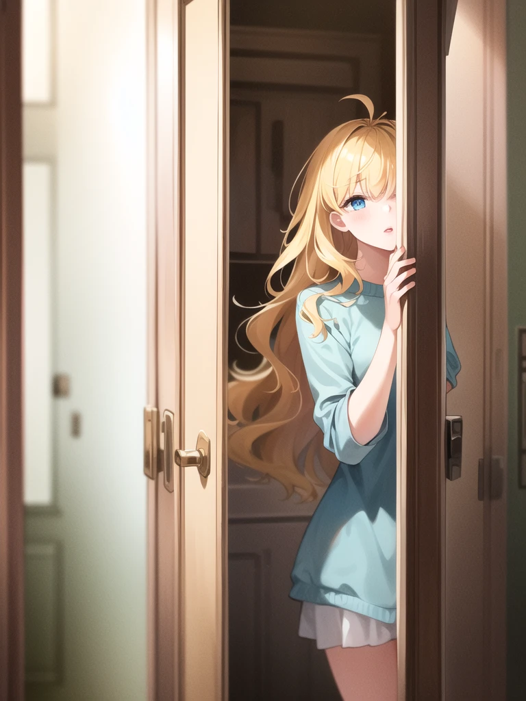 (masterpiece:1.2, best quality:1.1, highres,absurdres, high quality),(photorealistic:1.1),reflected light, colorful,ultra-detailed, ultra hd, super detailed, wavy blonde hair, open door, nightglwn, blue eyes, very beautiful, pinkish lips,( open door):1.4, house,  (sleepy), hallway, antenna hair, cowboy shot, 1girl, solo focus, 
 