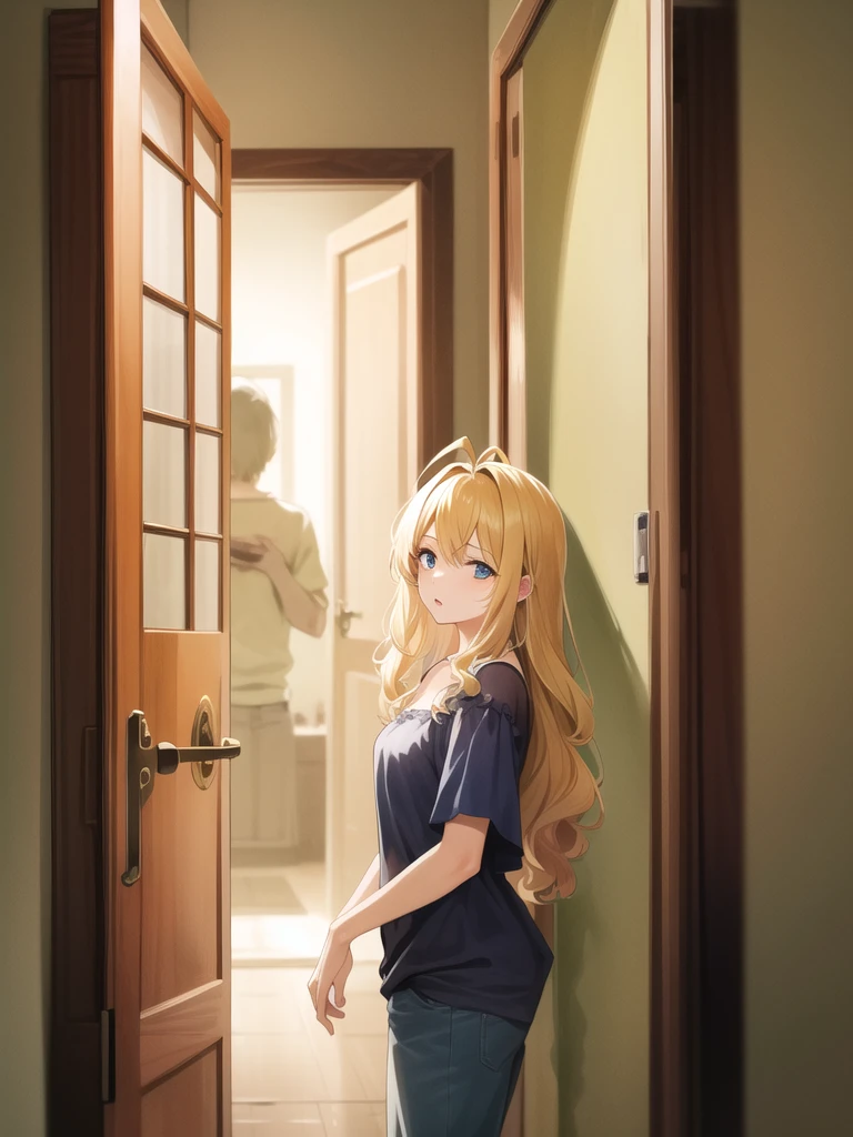 (masterpiece:1.2, best quality:1.1, highres,absurdres, high quality),(photorealistic:1.1),reflected light, colorful,ultra-detailed, ultra hd, super detailed, wavy blonde hair, open door, nightglwn, blue eyes, very beautiful, pinkish lips,( open door):1.4, house,  (sleepy), hallway, antenna hair, cowboy shot, 1girl, solo focus, 
 