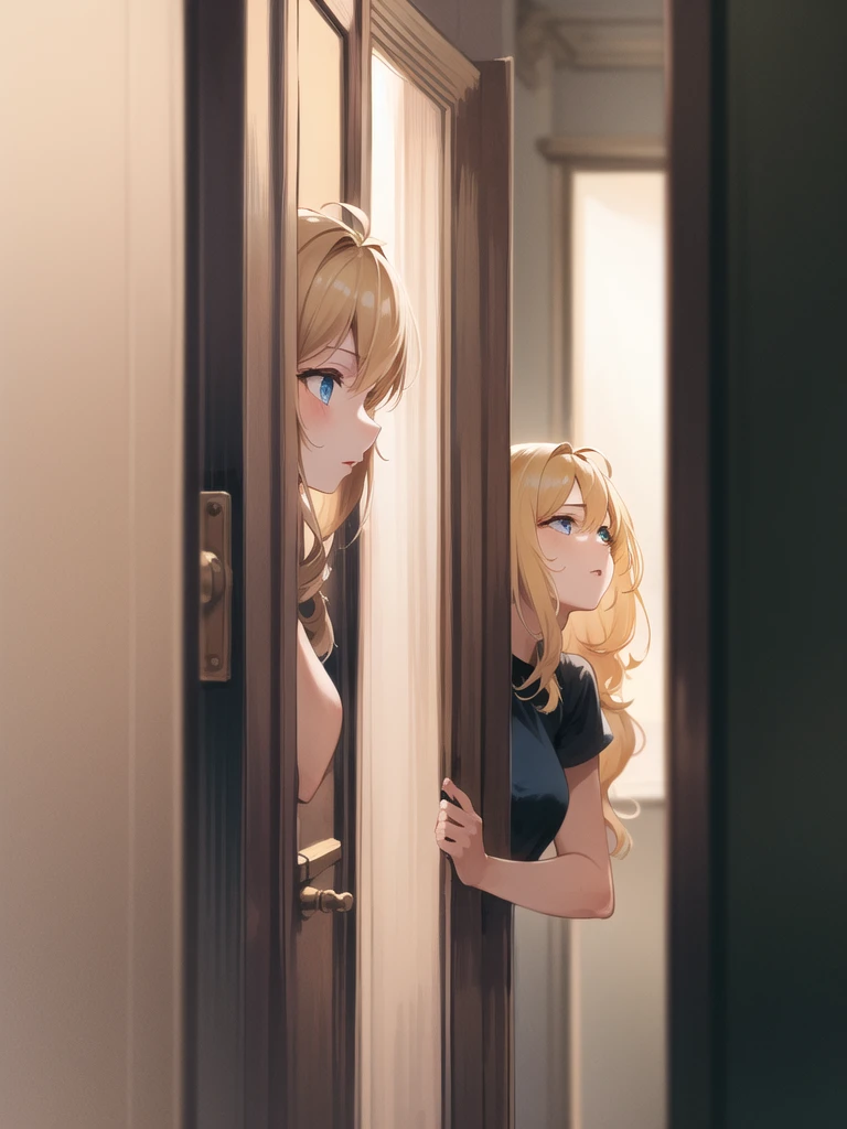 (masterpiece:1.2, best quality:1.1, highres,absurdres, high quality),(photorealistic:1.1),reflected light, colorful,ultra-detailed, ultra hd, super detailed, wavy blonde hair, open door, nightglwn, blue eyes, very beautiful, pinkish lips,( open door):1.4, house,  (sleepy), hallway, antenna hair, cowboy shot, 1girl, solo focus, 
 