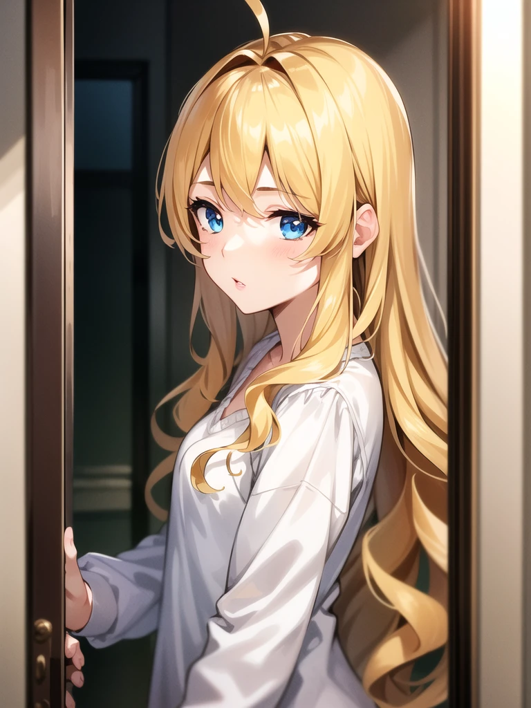 (masterpiece:1.2, best quality:1.1, highres,absurdres, high quality),(photorealistic:1.1),reflected light, colorful,ultra-detailed, ultra hd, super detailed, wavy blonde hair, open door, nightglwn, blue eyes, very beautiful, pinkish lips,( open door):1.4, house,  (sleepy), hallway, antenna hair, cowboy shot, 1girl, solo focus, 
 