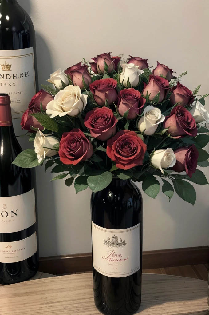 01 bouquet of roses and a bottle of wine