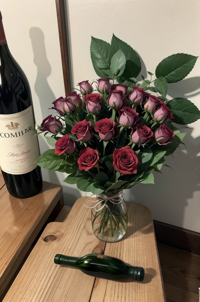 01 bouquet of roses and a bottle of wine