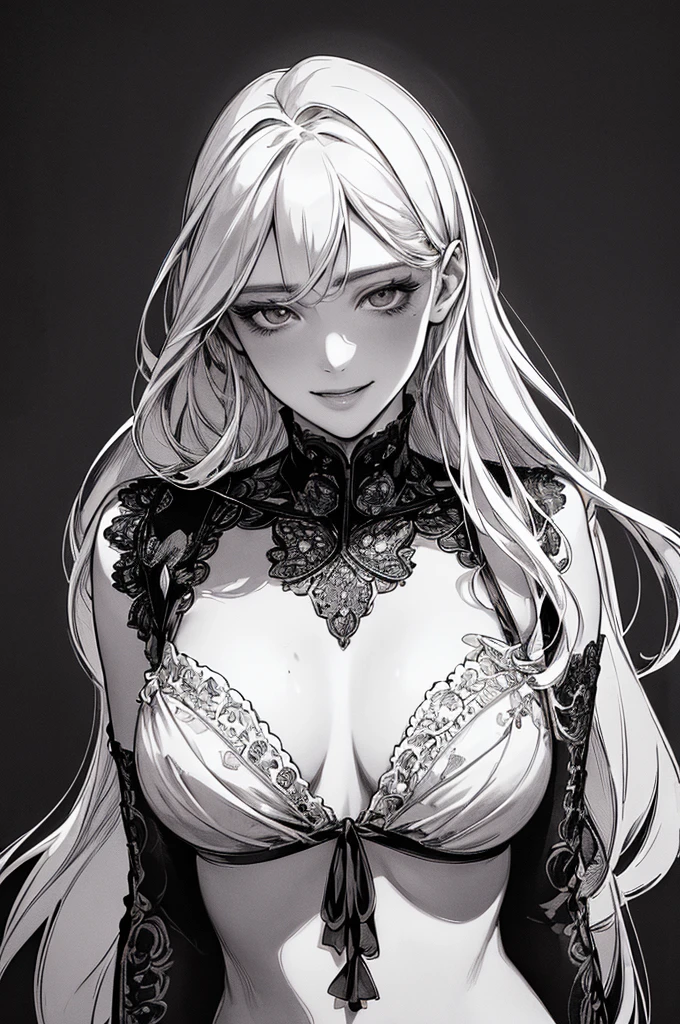 Highest quality, (Background details), High Contrast, Very beautiful woman, Detailed original illustrations、Provocative smile、functional、Delicate face、charm、sexy、Real breasts、  Head close-up, Black background, (Black background: 1.5), Beautiful line art、Monochrome