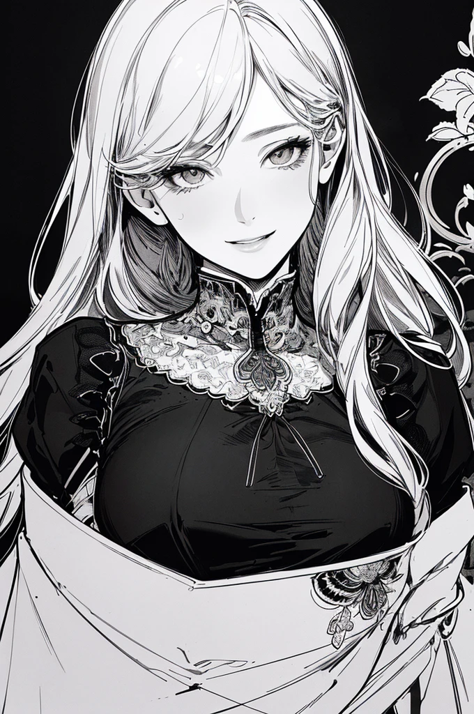 Highest quality, (Background details), High Contrast, Very beautiful woman, Detailed original illustrations、Provocative smile、functional、Delicate face、charm、sexy、Real breasts、  Head close-up, Black background, (Black background: 1.5), Beautiful line art、Monochrome