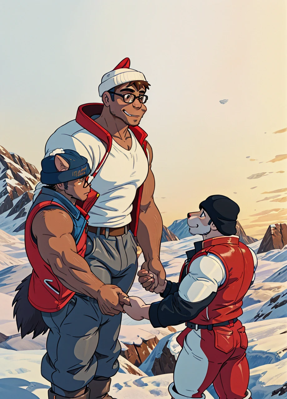 Engrilklenus, husky dog, arctic, strong, muscular, leather jacket, winter pants, snow boots, tail, white paws, black and white fur, Jamie Wonderson, human being, boy, , skinny, brown t shirt, red vest, brown hat, round glasses, grey sweatpants, holding hands together as friends, eyes between. 