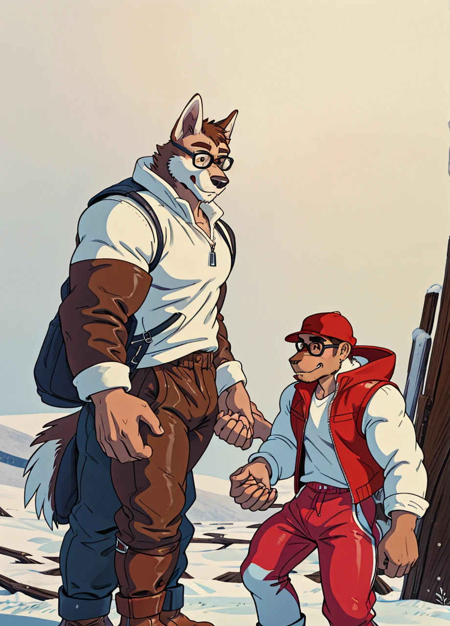 Engrilklenus, husky dog, arctic, strong, muscular, leather jacket, winter pants, snow boots, tail, white paws, black and white fur, Jamie Wonderson, human being, boy, , skinny, brown t shirt, red vest, brown hat, round glasses, grey sweatpants, holding hands together as friends, eyes between. 