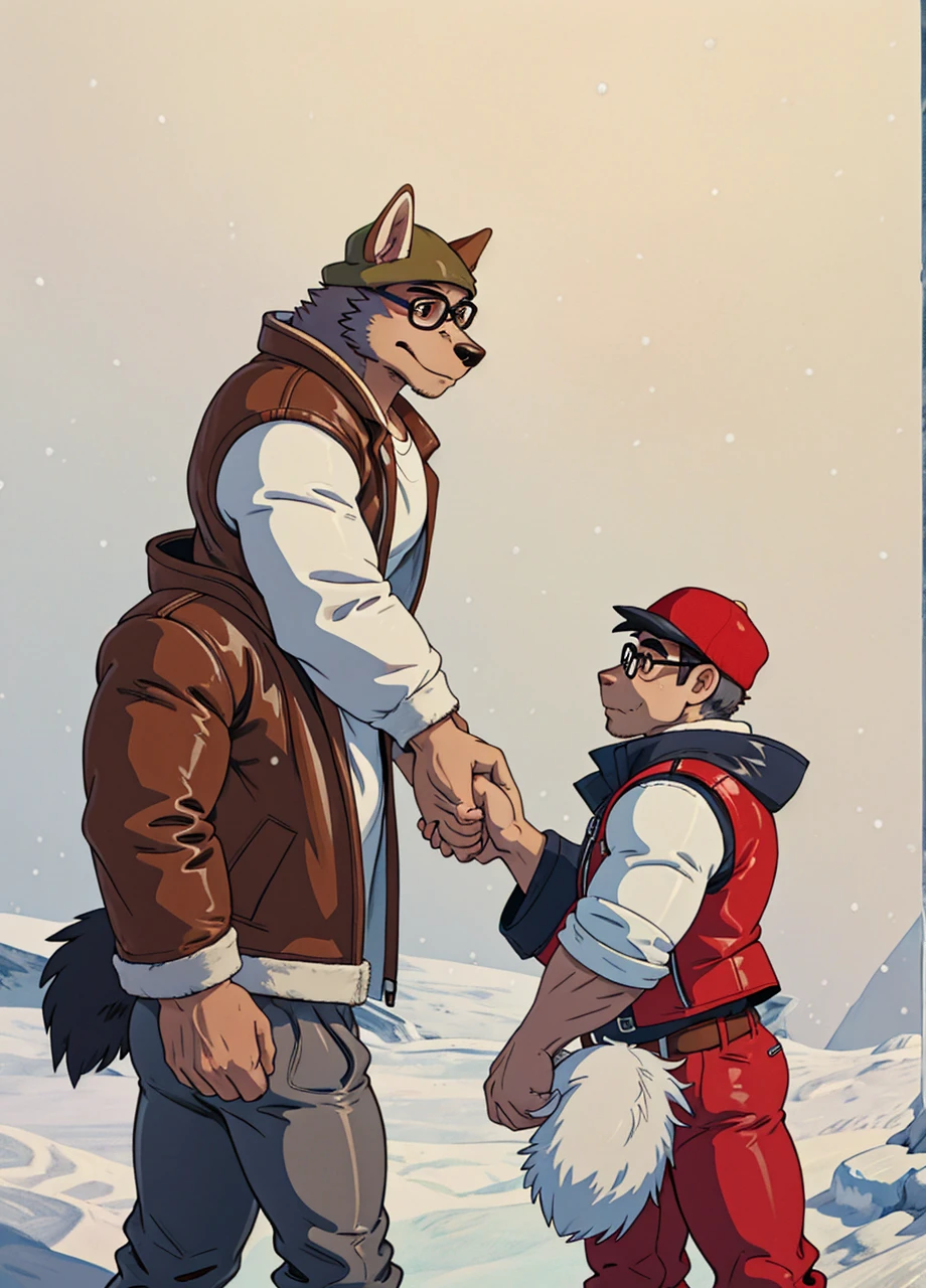 Engrilklenus, husky dog, arctic, strong, muscular, leather jacket, winter pants, snow boots, tail, white paws, black and white fur, Jamie Wonderson, human being, boy, , skinny, brown t shirt, red vest, brown hat, round glasses, grey sweatpants, holding hands together as friends, eyes between.