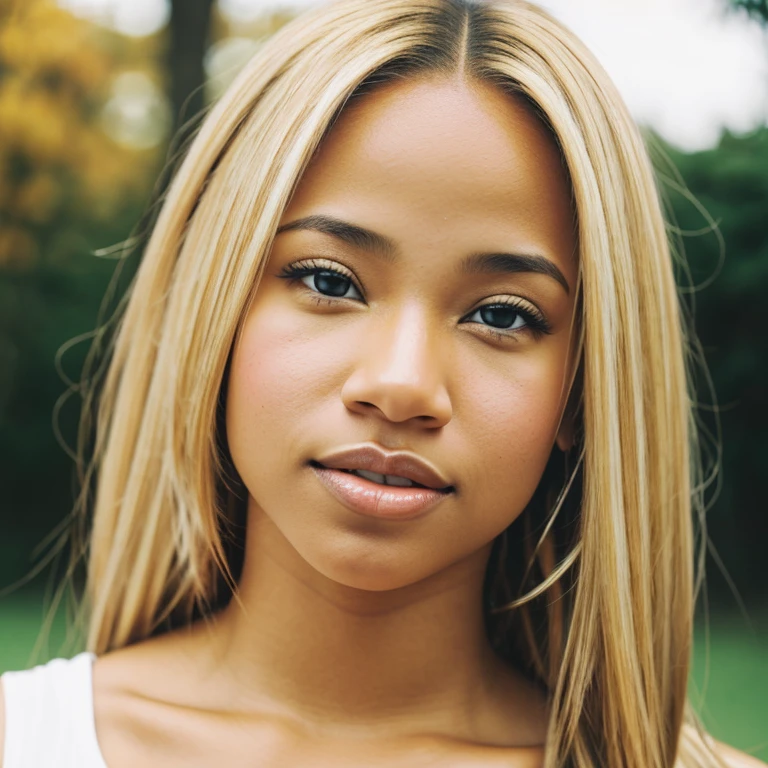 Light skin biracial woman with golden blond hair and brown eyes