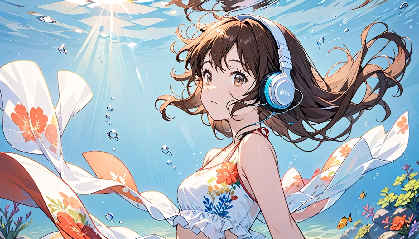 Girl wearing headphones,Brown Hair,One girl,Sparkling underwater,Swimwear with less exposure