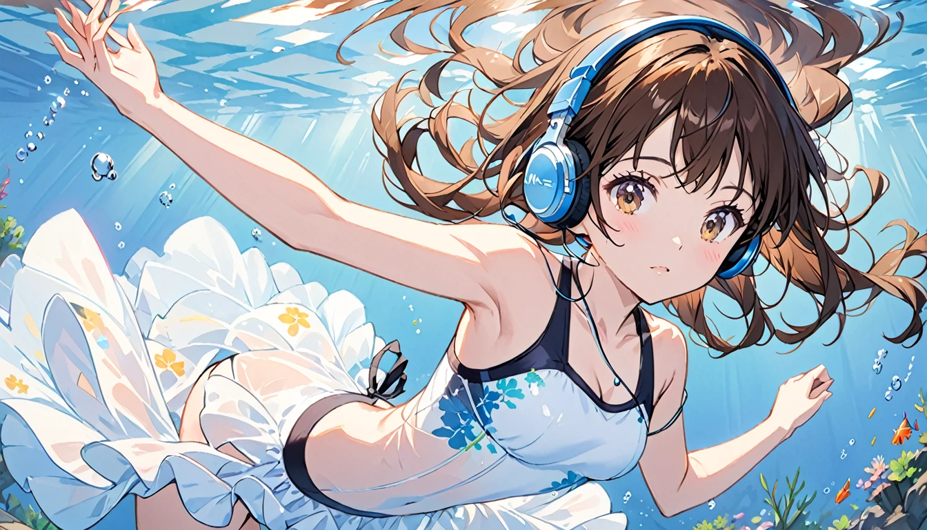 Girl wearing headphones,Brown Hair,One girl,Sparkling underwater,Swimwear with less exposure