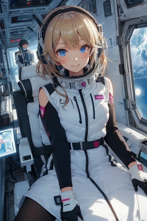 masterpiece, highest quality, high resolution, breasts, 20yo,1 girl,(solo):2,,blonde hair,(inside space station):2,flying:2,floatong:2,zero gravity,wind:1.5,anime lovelive style,

BREAK
headphone,(futurstic tight-fit bodysuit):2,(shiny silver long downvest):100,(northface silver metallic puffy downvest):2,(puffy):2,(black sleeves):5,(black tights):2,(black belt),futuristic boots and gloves,(smartwatch):100,astrovest
BREAK
1 girls, sitting in spacecraft cabin with 4-point seat belt, securely fastened, space station interior, looking out of large windows at Earth below, beautiful eyes, she have aluminum foil pouch,(aluminum foil pouch with plastic viewing window):2, contains nutritious liquid or puree together, smiling and chatting, bright and cheerful expressions, high quality cinematic lighting, detailed textures, sharp focus,blue hair,blue eyes,
