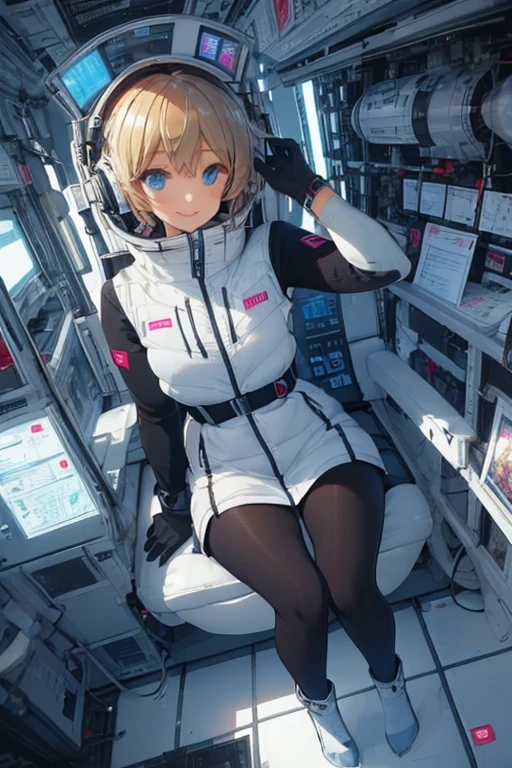 masterpiece, highest quality, high resolution, breasts, 20yo,1 girl,(solo):2,,blonde hair,(inside space station):2,flying:2,floatong:2,zero gravity,wind:1.5,anime lovelive style,

BREAK
headphone,(futurstic tight-fit bodysuit):2,(shiny silver long downvest):100,(northface silver metallic puffy downvest):2,(puffy):2,(black sleeves):5,(black tights):2,(black belt),futuristic boots and gloves,(smartwatch):100,astrovest
BREAK
1 girls, sitting in spacecraft cabin with 4-point seat belt, securely fastened, space station interior, looking out of large windows at Earth below, beautiful eyes, she have aluminum foil pouch,(aluminum foil pouch with plastic viewing window):2, contains nutritious liquid or puree together, smiling and chatting, bright and cheerful expressions, high quality cinematic lighting, detailed textures, sharp focus,blue hair,blue eyes,
