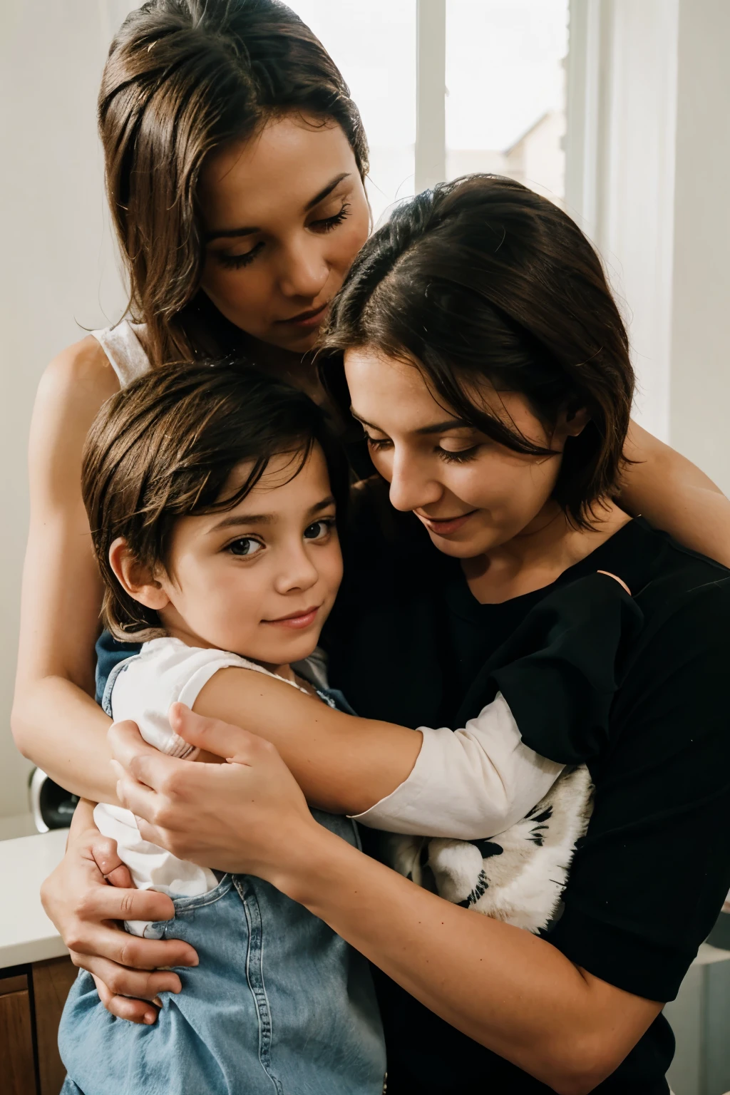 A mother hugging her 2 male children 