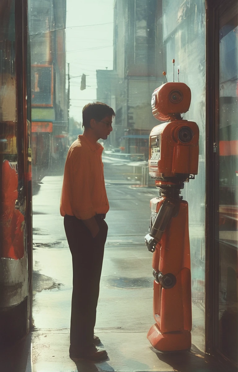 A man on the left conversing with a robot, hosting a podcast while drinking.