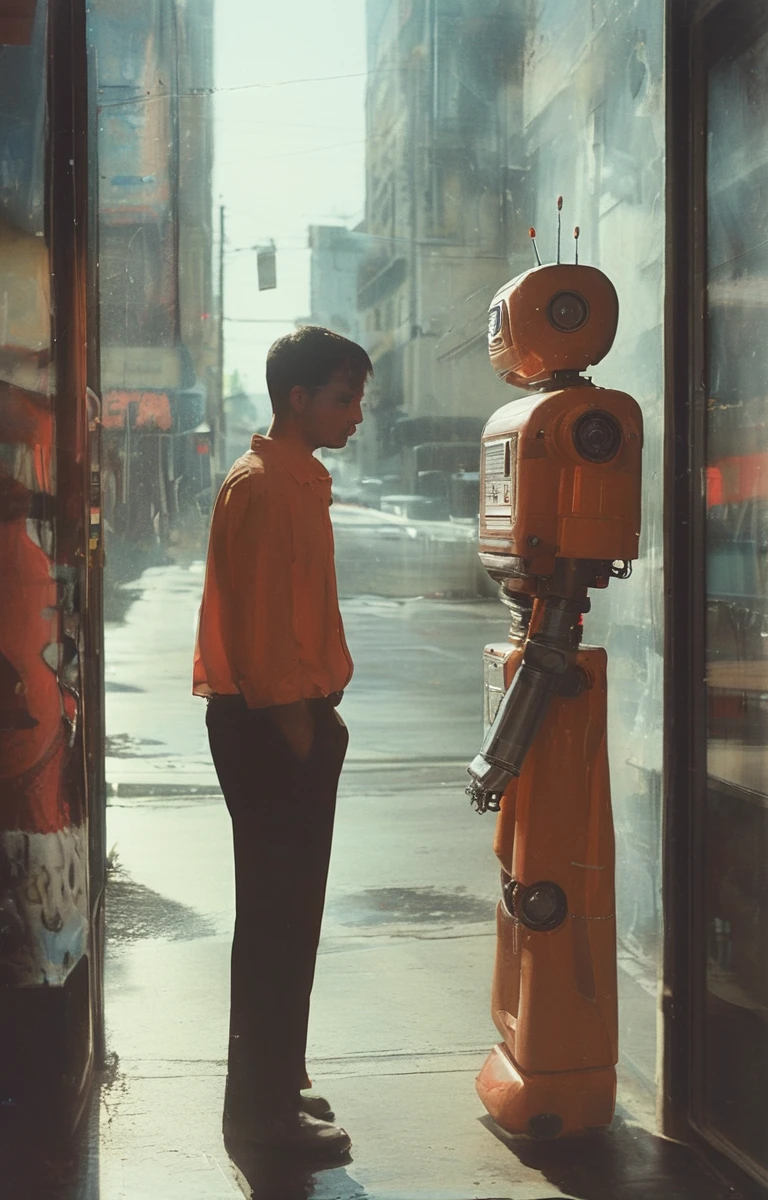 A man on the left conversing with a robot, hosting a podcast while drinking.