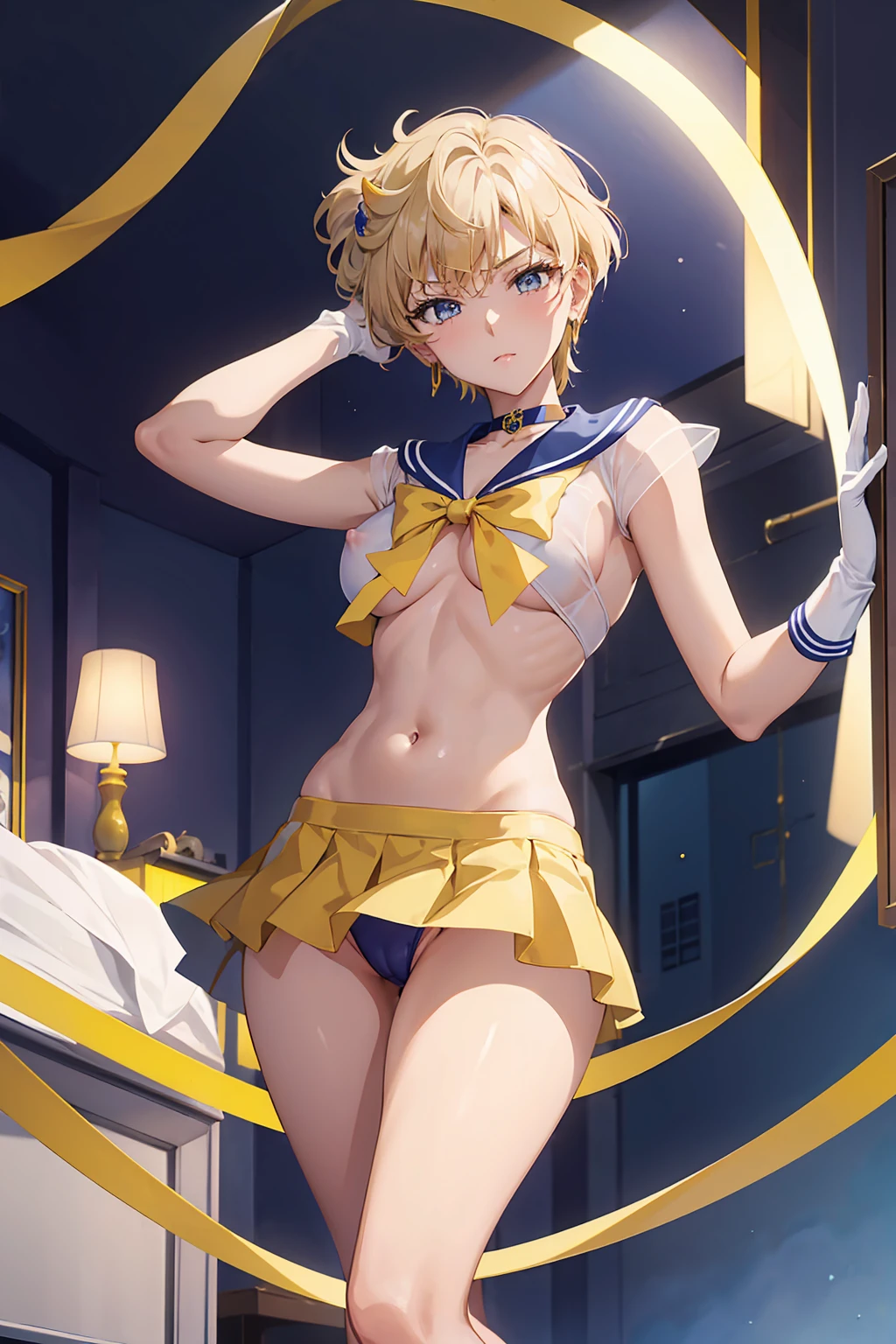 NSFW　Sailor Uranus, Kizuki Eye,, Big and ample breasts, Aqua Eye, Blonde, Sailor Warrior Uniforms, Sailor collar, Chest Bow, Yellow ribbon, Attractive skirt, White elbow gloves, Bedroom, (Nice:1.2),Shirtless and staring at the viewer, Erect nipples、Showing panties、Ultra mini skirt、Micro Panties、(Dynamic pose:1.2)、(Downから見る:1.2)、Camel Toe.Between the legs、belly button、Spread your legs.(Browsing Caution:1.2)、(Down :1.2)、Between the legsフォーカス、Dynamic Angle　((topless))　綺麗なBedroom　Night view