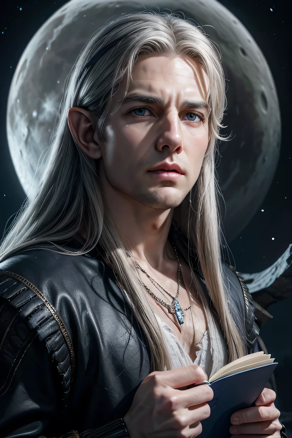 old male moon elf wizard librarian with blue eyes, alabaster skin, silver long hair ,bear like tom cruise