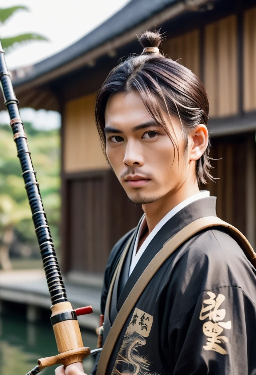 Young Indonesian men, Samurai armor with hair tied up, perfect hand holding a fishing rod, closeup photo, there is a wooden house, written in Japanese letters, 