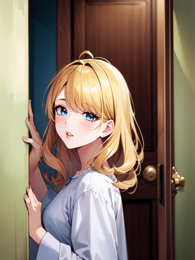 (masterpiece:1.2, best quality:1.1, highres,absurdres, high quality),(photorealistic:1.1),reflected light, colorful,ultra-detailed, ultra hd, super detailed, wavy blonde hair, open door, nightglwn, blue eyes, very beautiful, pinkish lips,( open door):1.4, house,  (sleepy), hallway, antenna hair, cowboy shot, 1girl, solo focus, 
 