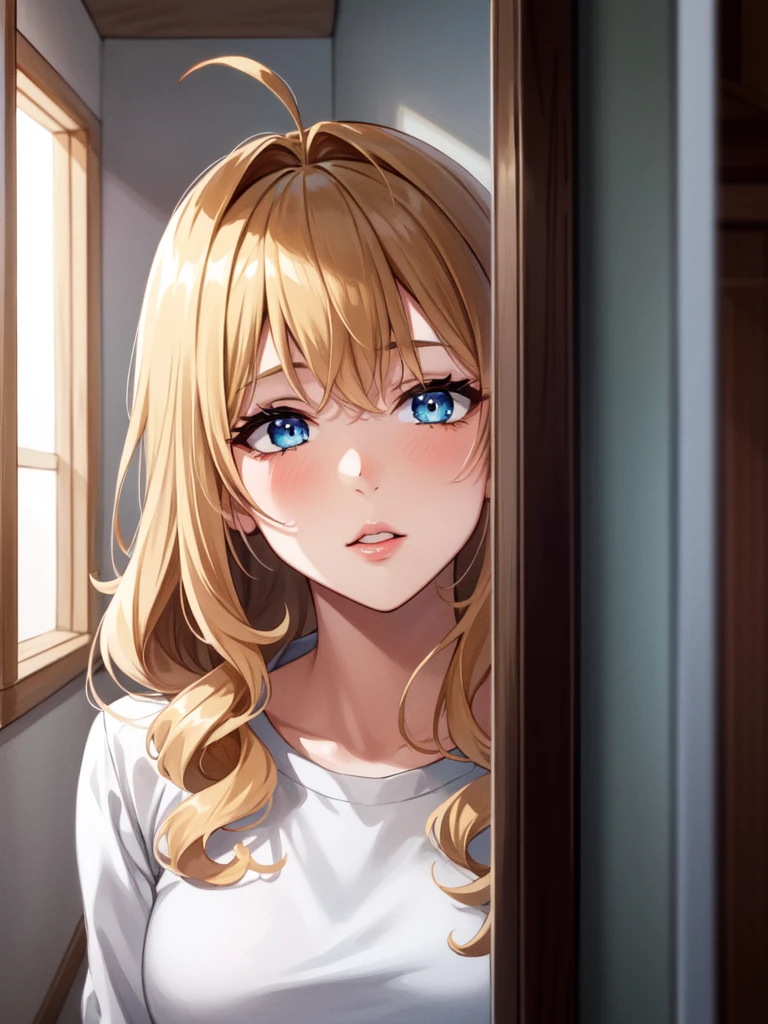 (masterpiece:1.2, best quality:1.1, highres,absurdres, high quality),(photorealistic:1.1),reflected light, colorful,ultra-detailed, ultra hd, super detailed, wavy blonde hair, open door, nightglwn, blue eyes, very beautiful, pinkish lips,( open door):1.4, house,  (sleepy), hallway, antenna hair, cowboy shot, 1girl, solo focus, 
 