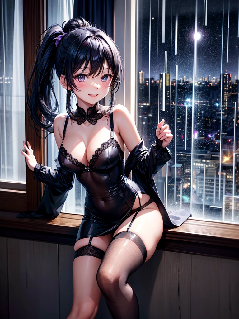 Highest quality,Highest Resolution,4K quality,寝室で大きな窓の外の都市の豪rainの夜景を眺める下着姿のsmileの女性の横顔,Jet black ponytail,Dark room,Sexy Lingerie,Many water drops on the window,garter belt,High leg,Purple underwear,Knee-high stockings,rain,豪rain,雷rain,smile,Landscape,