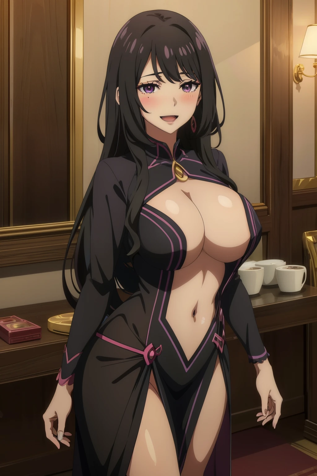 1girl,bangs,purple eyes,long hair,mature female,makeup,eyelashes,,black hair,, blush, lipstick, masterpiece, best quality, highly detailed, a anime girls in long dress with navel cutout posing for a
picture, evil smile, smile, open mouth, (nsfw) not safe for work, revealing dress, beautiful dress center
opening , long dress with bellybutton showing, ecchi anime style, anime girls, ecchi style, ecchi, digital
anime art!!, in anime style, official artwork, visual novel cg, beautiful anime girl, anime style 4 k, exposed
navel, exposed bellybutton, jewelry, earrings, complex detailed background, casino environment, fancy
interior environment, rich interior,
