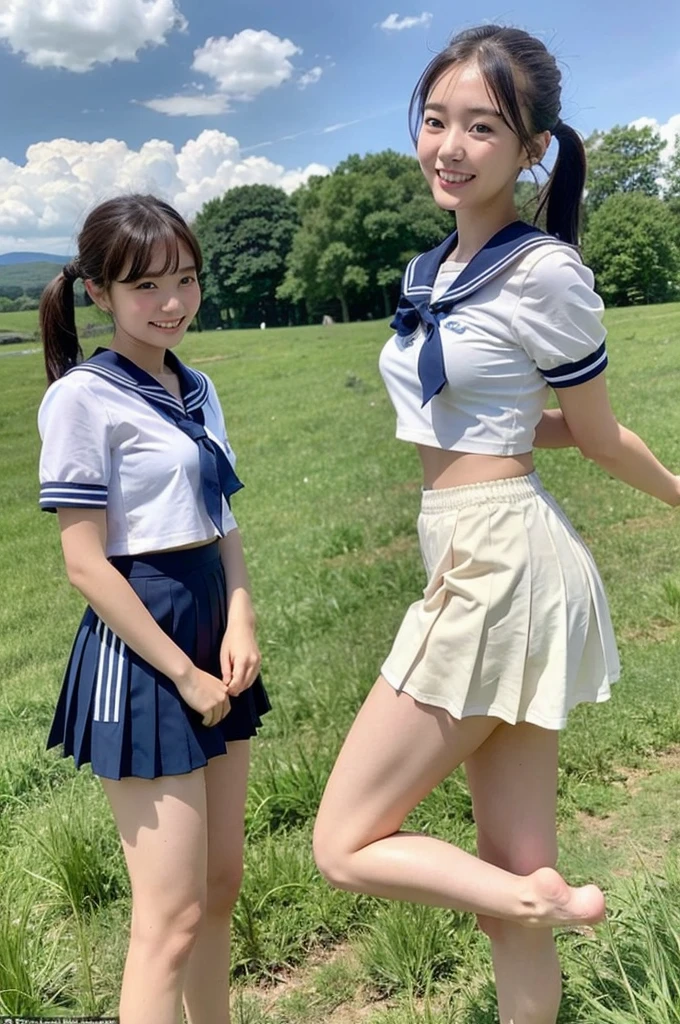 2 girls hopping in rural field,cumulonimbus cloud in summer blue sky,white sailor shirt,flipped up navy blue pleated skirt,white panties,18-year-old,bangs,a little smile,thighs,knees,short hair with low pigtails bunches,from beside,front light