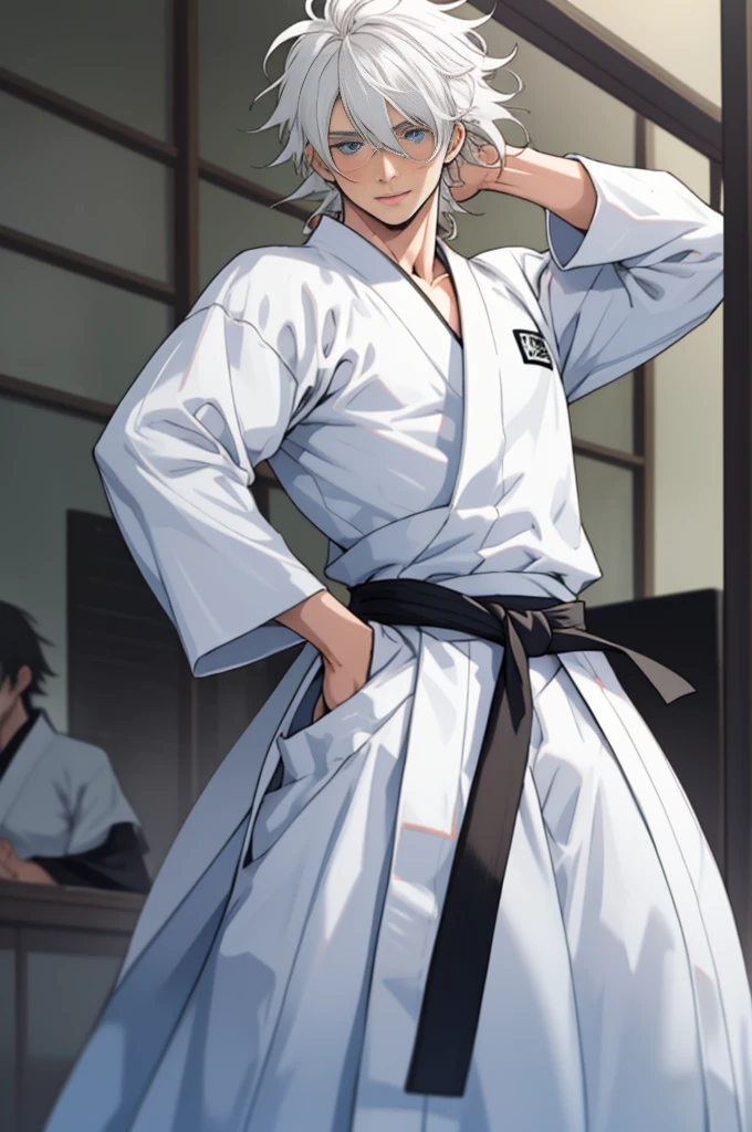 A boy, naughty man, adolescent, white hair, blue colored eyes , posing, in jujutsu school attire, with messy hair
